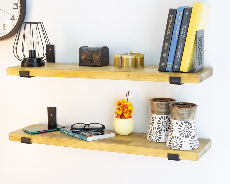 Floating Shelves With Metal Brackets Wooden Custom Size Etsy