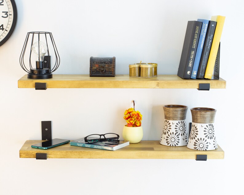 Floating Shelves With Metal Brackets Wooden Custom Size Etsy