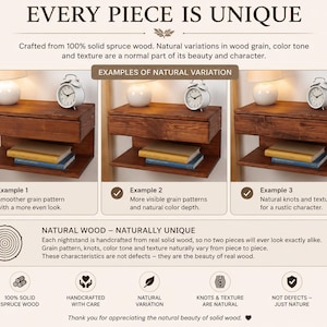 May include: A floating nightstand made of solid spruce wood, shown in three variations with different grain patterns, knots, and color tones. The unit features a drawer and an open shelf, with text explaining that natural wood variations are expected.