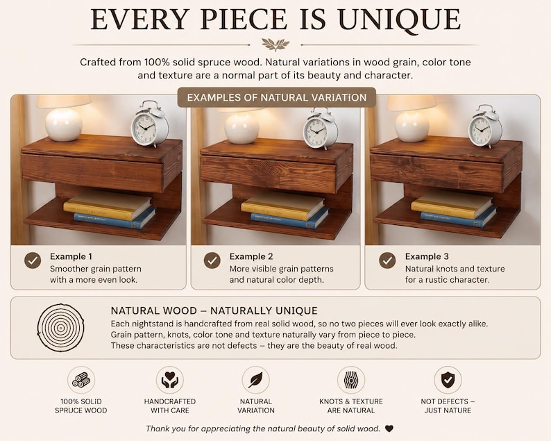 May include: A floating nightstand made of solid spruce wood, shown in three variations with different grain patterns, knots, and color tones. The unit features a drawer and an open shelf, with text explaining that natural wood variations are expected.