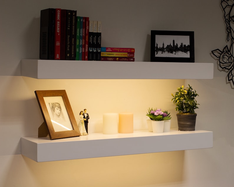 Modern White Floating Shelf Thick Wall Shelf With Light Etsy