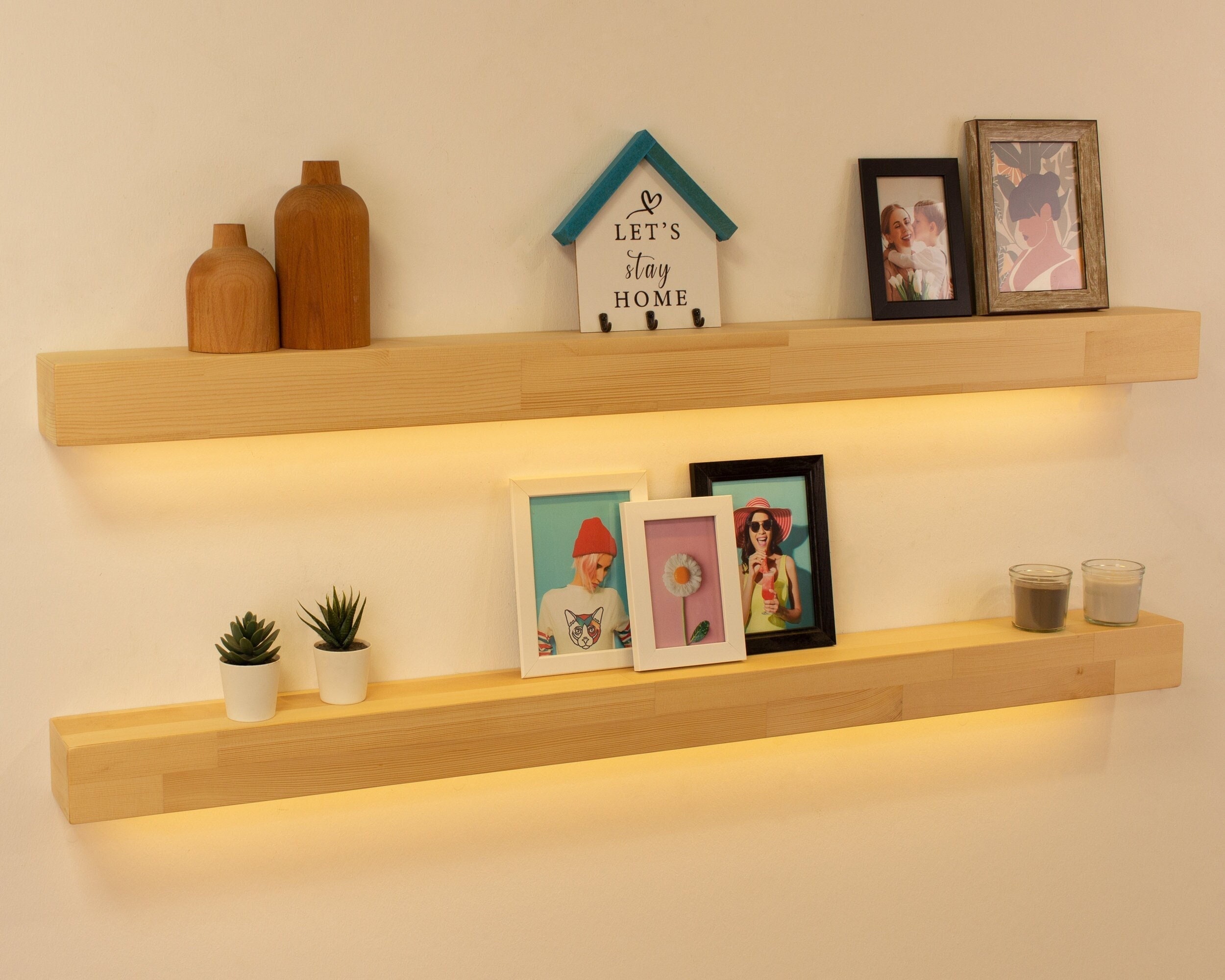 Natural Floating Shelf With LED Lights Recessed LED Strip Wood