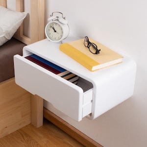 Modern Minimal Floating Wooden Nightstand with Drawer Handcrafted Bedside Table White Modern Style Bedside Table Hardware Included image 3