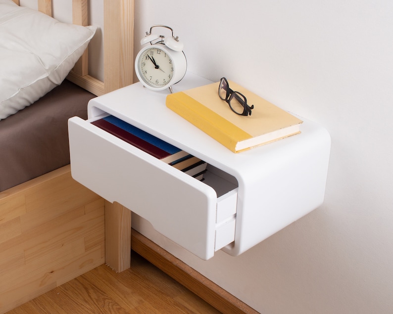 Modern Minimal Floating Wooden Nightstand with Drawer Handcrafted Bedside Table White Modern Style Bedside Table Hardware Included image 3