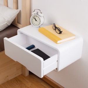 Modern Minimal Floating Wooden Nightstand with Drawer Handcrafted Bedside Table White Modern Style Bedside Table Hardware Included image 4