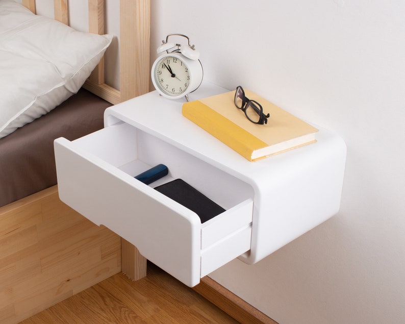 Modern Minimal Floating Wooden Nightstand with Drawer Handcrafted Bedside Table White Modern Style Bedside Table Hardware Included image 4