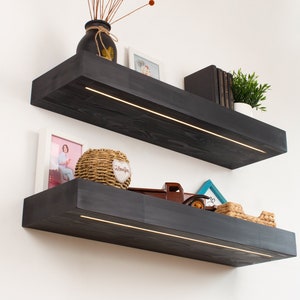 Modern Black Floating Shelf with LED Light, Thick Wall Shelf, Wooden Shelf, Heavy Duty Kitchen Shelf, Floating Shelf with 12V DC LED Light