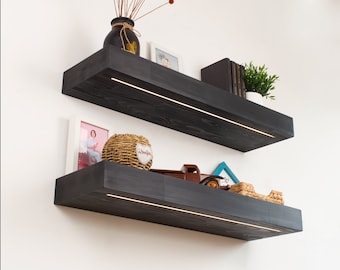 Modern Black Floating Shelf with LED Light, Thick Wall Shelf, Wooden Shelf, Heavy Duty Kitchen Shelf, Floating Shelf with 12V DC LED Light