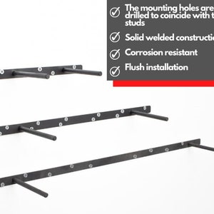 May include: Three black metal shelf brackets with mounting holes. The mounting holes are drilled to coincide with the studs. The brackets are solid welded construction, corrosion resistant, and have a flush installation.