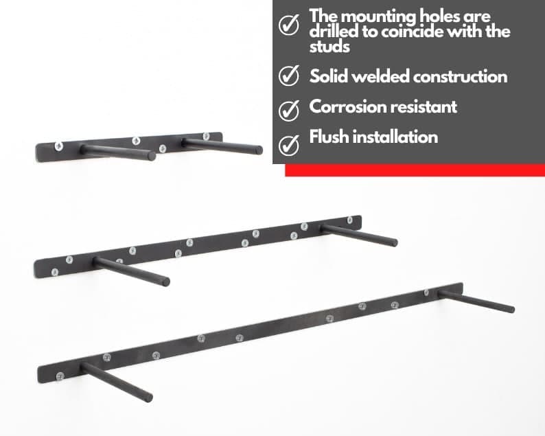 May include: Three black metal shelf brackets with mounting holes. The mounting holes are drilled to coincide with the studs. The brackets are solid welded construction, corrosion resistant, and have a flush installation.