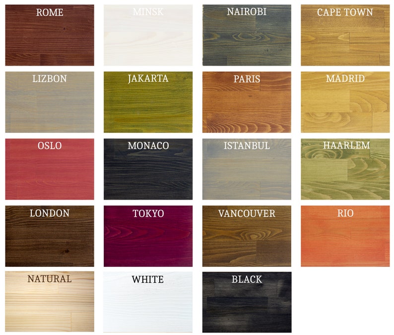 May include: A collection of wood samples in various colors, including Rome, Minsk, Nairobi, and Cape Town. Each sample is labeled with a city name in white text. The wood grains and colors vary from light to dark.