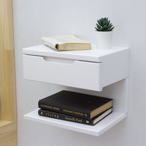 White Floating Nightstand | Wall Mounted Nightstand with Drawer, Wood Bedside Shelf and Floating Nightstand for Bedroom - Unique Gift