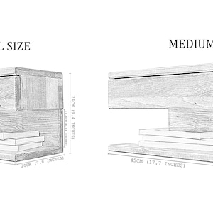 May include: A line drawing of two wooden nightstands labeled SMALL SIZE and MEDIUM SIZE. The small nightstand measures 30 cm (11.8 inches) wide, 20 cm (7.9 inches) deep, and 24 cm (9.4 inches) high. The medium nightstand is 45 cm (17.7 inches) wide, 25 cm (9.8 inches) deep, and 24 cm (9.4 inches) high.