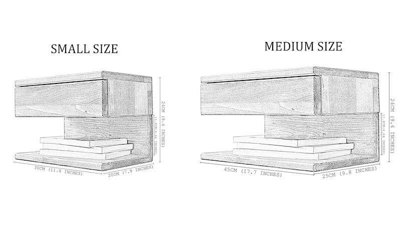 May include: A line drawing of two wooden nightstands labeled SMALL SIZE and MEDIUM SIZE. The small nightstand measures 30 cm (11.8 inches) wide, 20 cm (7.9 inches) deep, and 24 cm (9.4 inches) high. The medium nightstand is 45 cm (17.7 inches) wide, 25 cm (9.8 inches) deep, and 24 cm (9.4 inches) high.