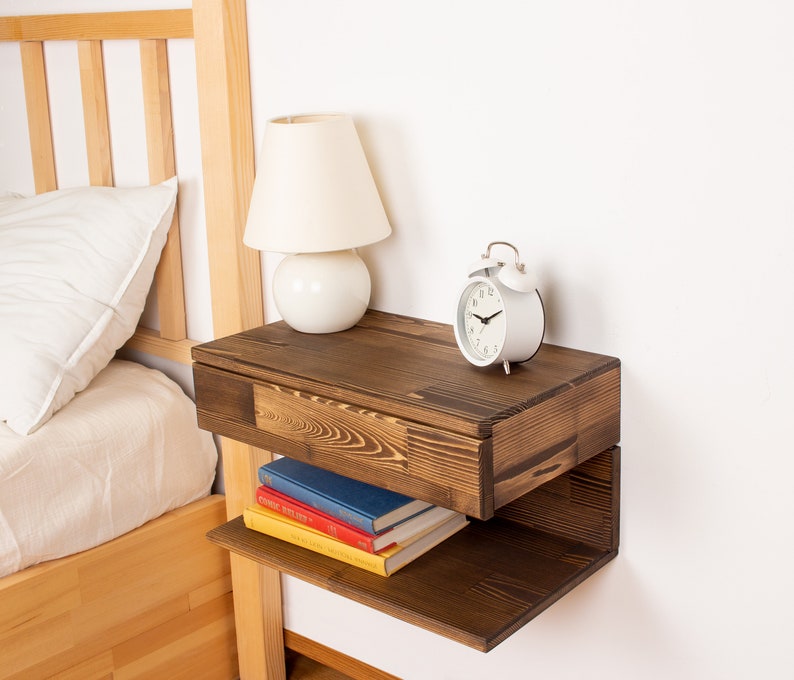 Walnut Colored Floating Nightstand Wood Bedside Shelf Floating Nightstand with Drawer for Bedroom Handmade Floating Table Gift for Home image 2