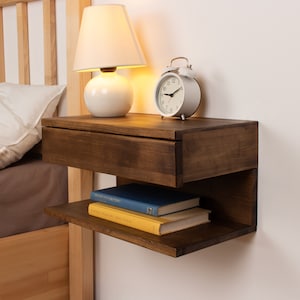 Walnut Colored Floating Nightstand Wood Bedside Shelf Floating Nightstand with Drawer for Bedroom Handmade Floating Table Gift for Home image 8