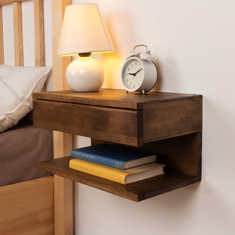 Walnut Colored Floating Nightstand Wood Bedside Shelf image 7