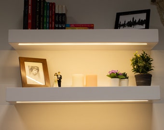 Modern White Floating Shelf, Thick Wall Shelf with light, Wooden Shelf with Led Light Strip, Floating Shelf with 12V DC LED light