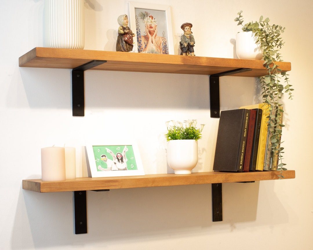Modern Floating Shelves With Metal Brackets Wooden Custom Etsy