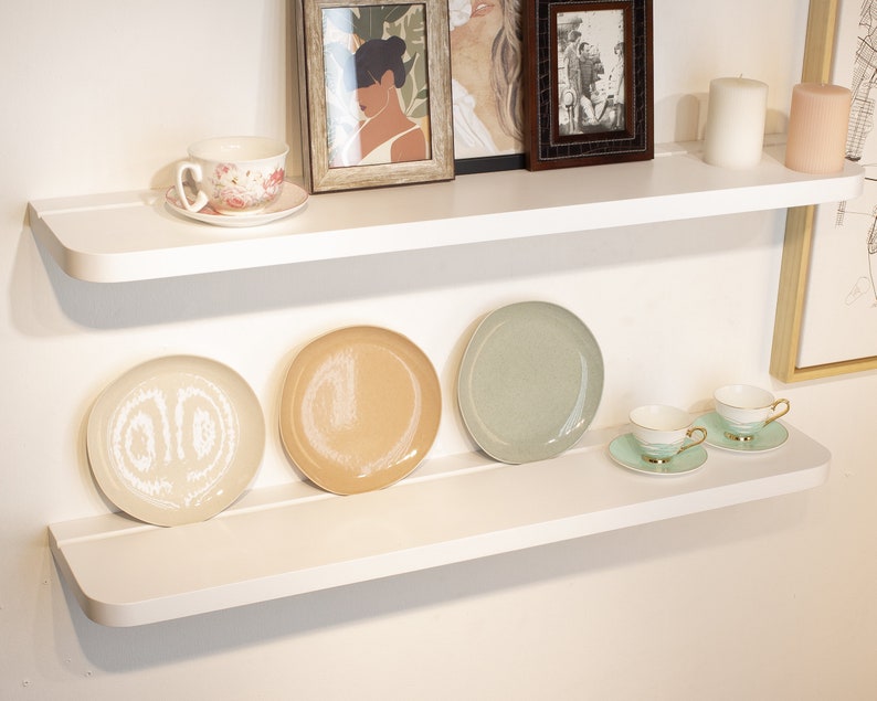 White Radius Floating Shelves With Plate Groove Custom Size Etsy