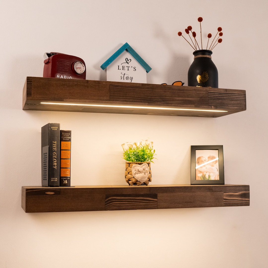 Floating Shelf With LED Strip, Thick Wall Shelf With Lights, Wooden