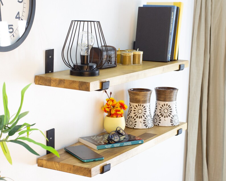 Floating Shelves With Metal Brackets Wooden Custom Size Etsy