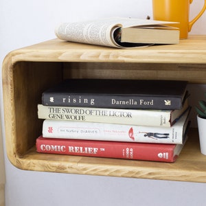 K&ouml;nnte beinhalten: Ein rundes Holzregal an der Wand mit einer Reihe von B&uuml;chern und einer kleinen Topfpflanze. Die B&uuml;cher tragen Titel wie "The Sword of the Lictor" und "Comic Relief".