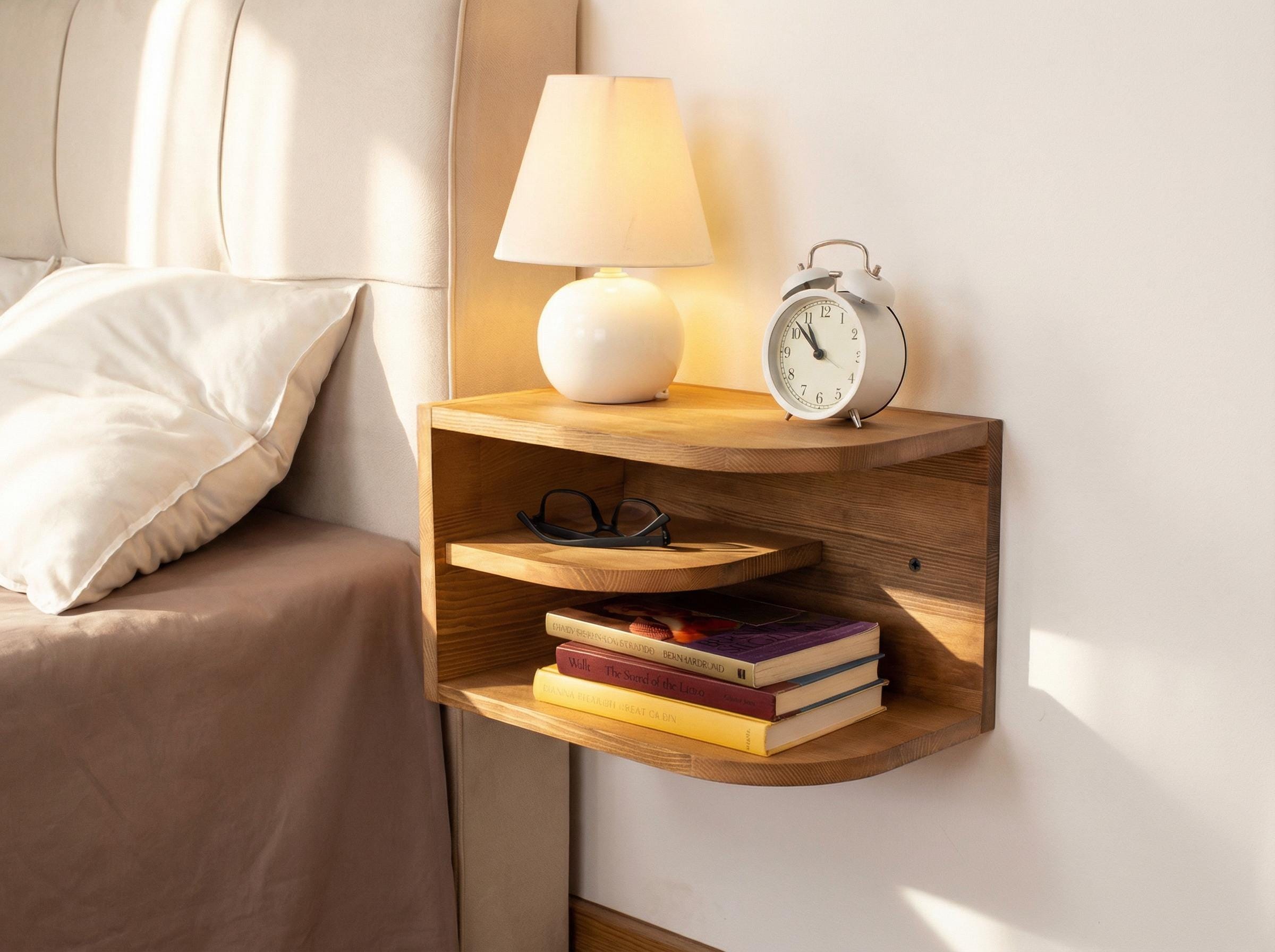 Comodino Sospeso Galleggiante Con Cassetto – Marrone, 2 Ripiani In Legno Massello, Moderno