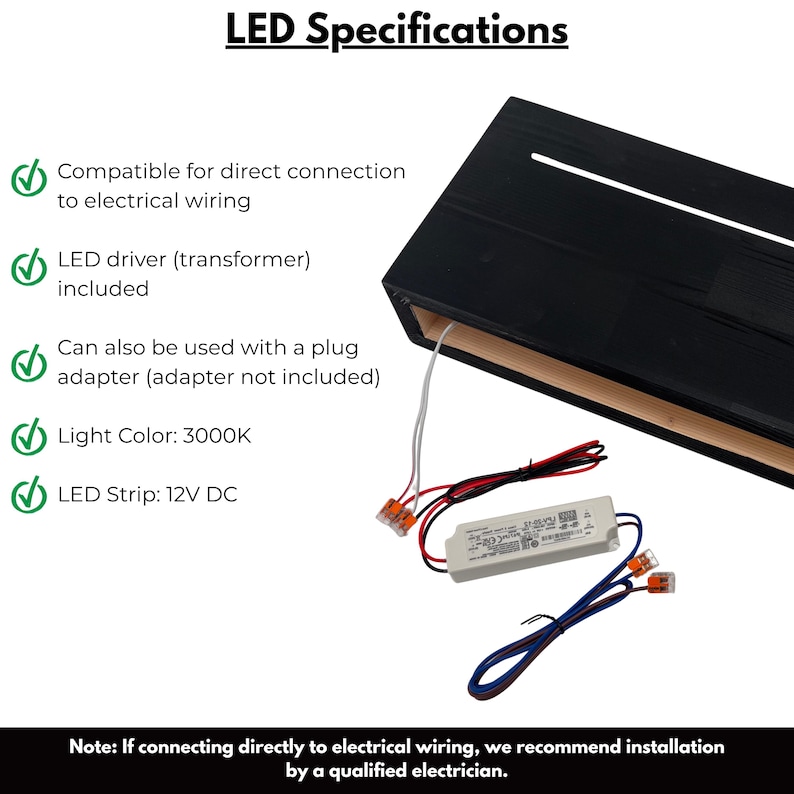 K&ouml;nnte beinhalten: Schwarze LED-Leuchte aus Holz mit einem wei&szlig;en Lichtstreifen. Das Bild enth&auml;lt den LED-Treiber, die Verkabelung und die Spezifikationen: kompatibel mit Direktverdrahtung, LED-Treiber enthalten, Steckeradapter-Option, 3000K Lichtfarbe und 12V DC LED-Streifen.