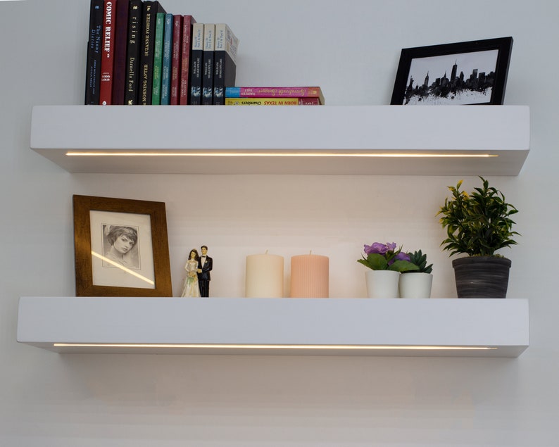 Modern White Floating Shelf Thick Wall Shelf With Light Etsy