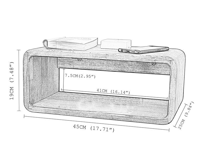 K&ouml;nnte beinhalten: Ein Holzregal mit abgerundeten Kanten, 45 cm breit, 19 cm hoch und 25 cm tief. Das Regal hat einen Ausschnitt auf der R&uuml;ckseite, der einen Regalraum von 41 cm Breite und 7,5 cm H&ouml;he schafft.
