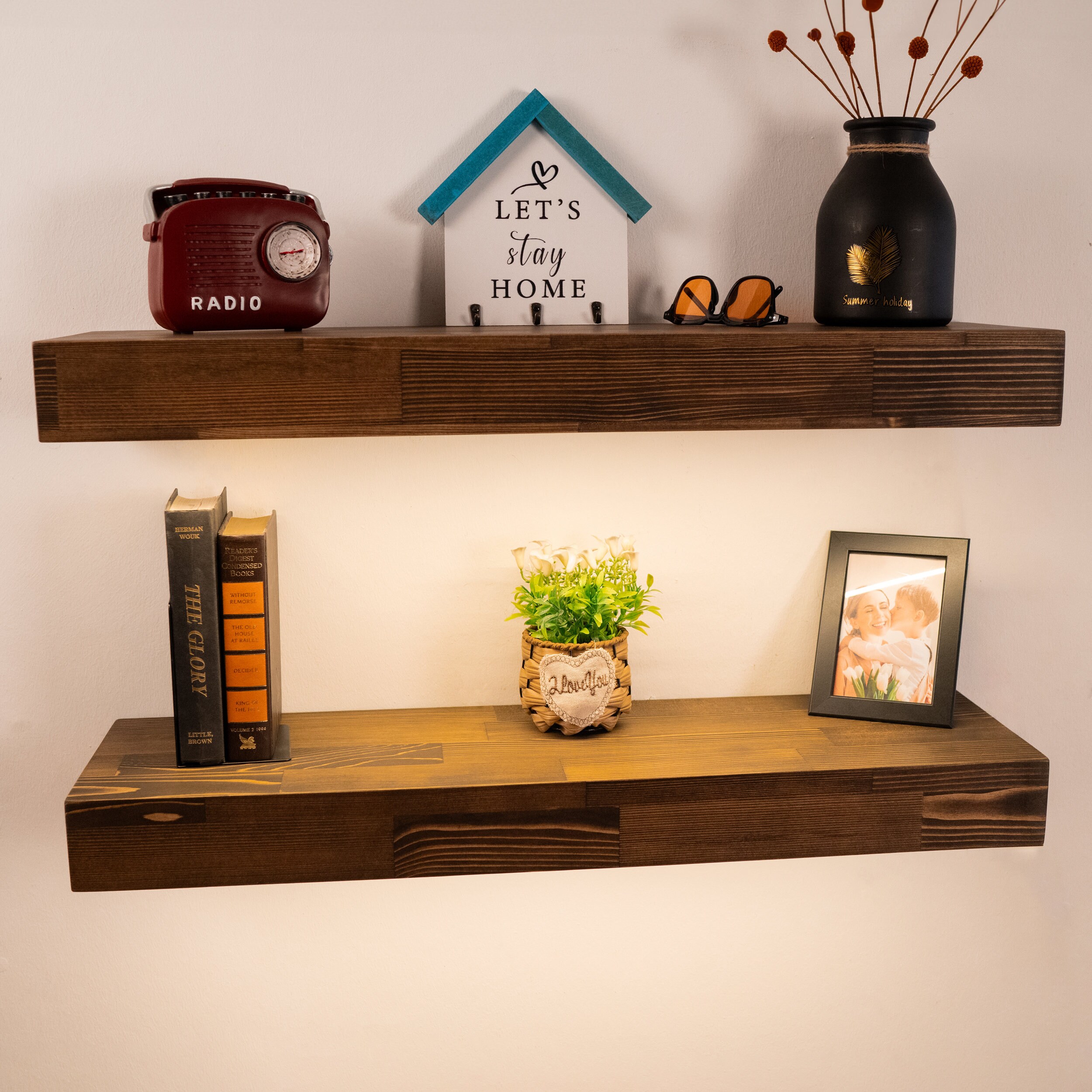 Floating Shelf With LED Strip, Thick Wall Shelf With Lights, Wooden ...
