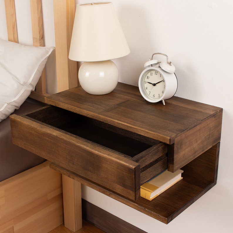Walnut Colored Floating Nightstand Wood Bedside Shelf Floating Nightstand with Drawer for Bedroom Handmade Floating Table Gift for Home image 6