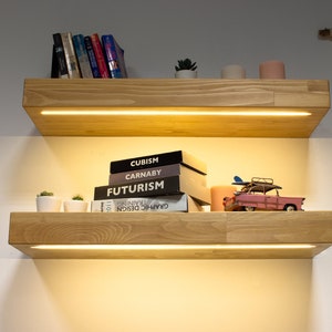 May include: Two wooden floating shelves with built-in lighting are mounted on a white wall. The top shelf holds books and a small plant. The bottom shelf displays books with the titles "Cubism", "Carnaby", and "Futurism", along with a pink toy car.