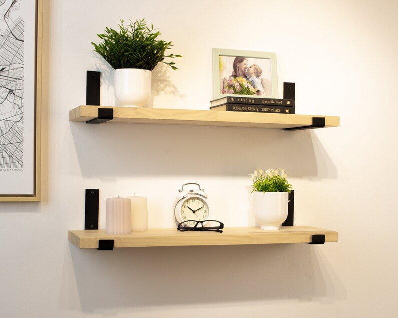 Floating Shelf With Metal Brackets Wood Custom Size Floating Etsy