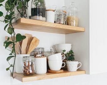 Modern Wood Floating Shelves, Custom Size Floating Shelves with Brackets, Wall Mounted Floating Shelf for Kitchen Bathroom