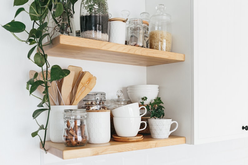 Modern Wood Floating Shelves, Custom Size Floating Shelves with Brackets, Wall Mounted Floating Shelf for Kitchen Bathroom image 1