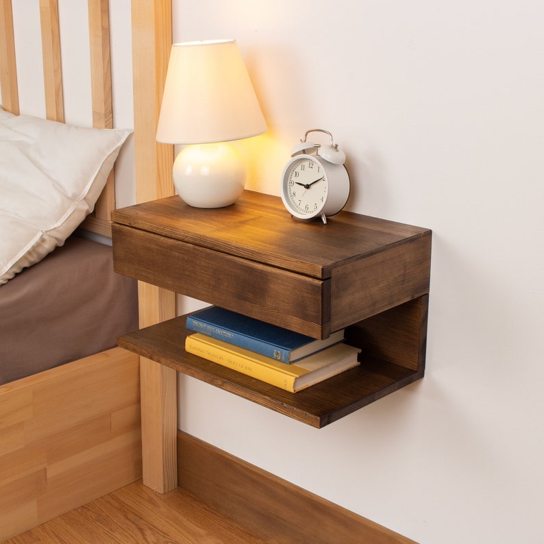 Walnut Colored Floating Nightstand Wood Bedside Shelf Floating Nightstand with Drawer for Bedroom Handmade Floating Table Gift for Home image 1