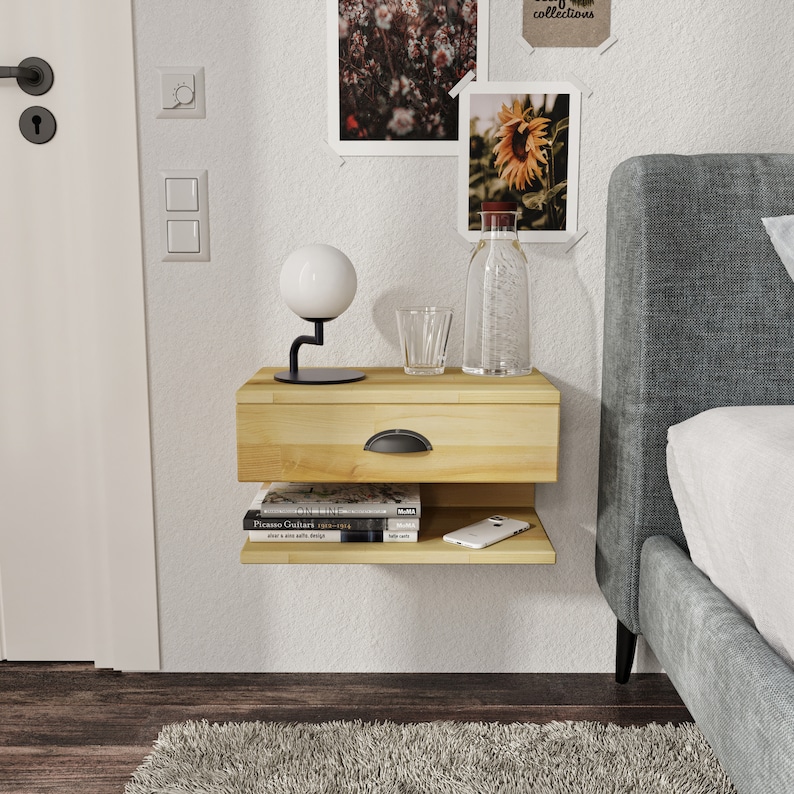 Natural Floating Nightstand Wall Mounted Nightstand With Etsy