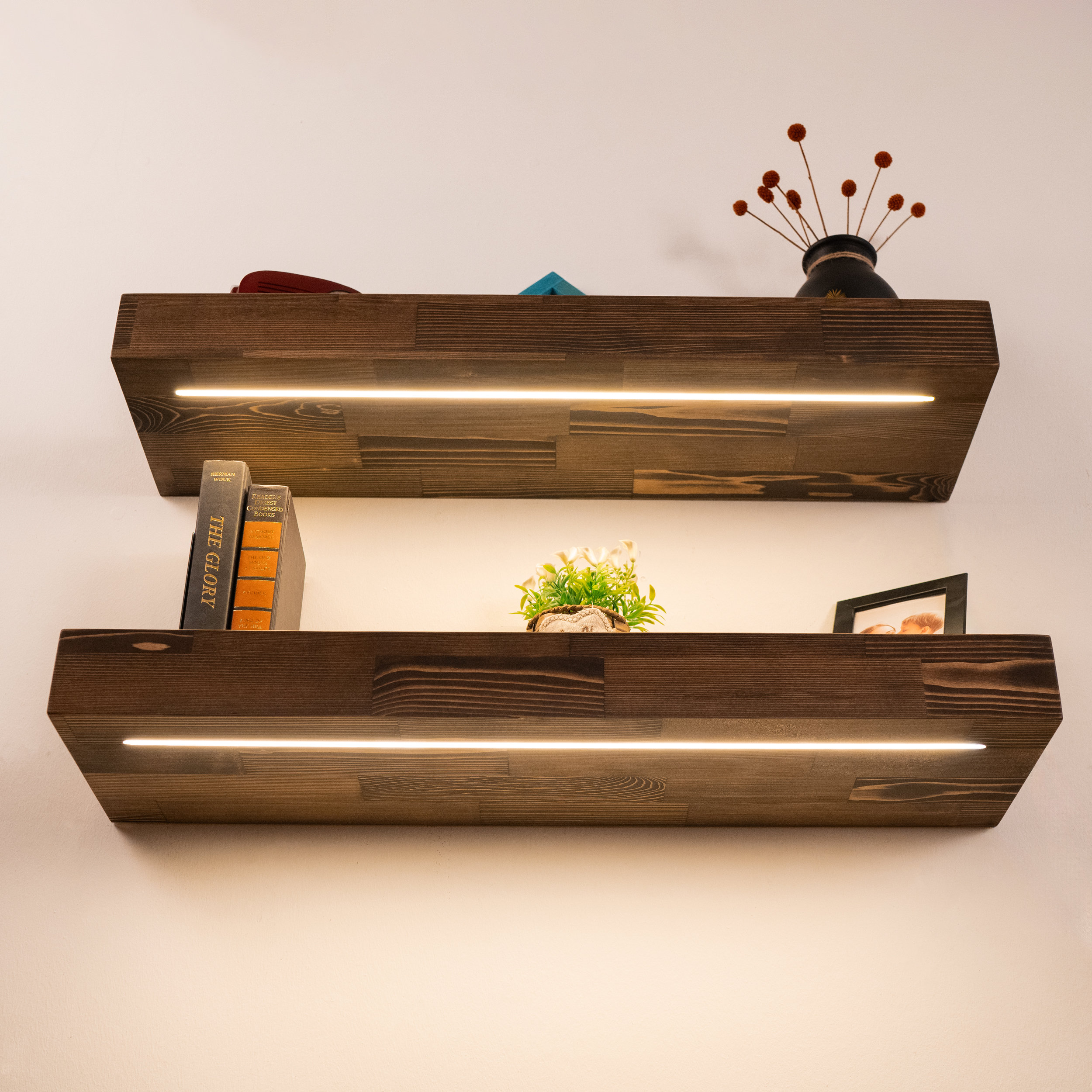 Floating Shelf With LED Strip, Thick Wall Shelf With Lights, Wooden ...