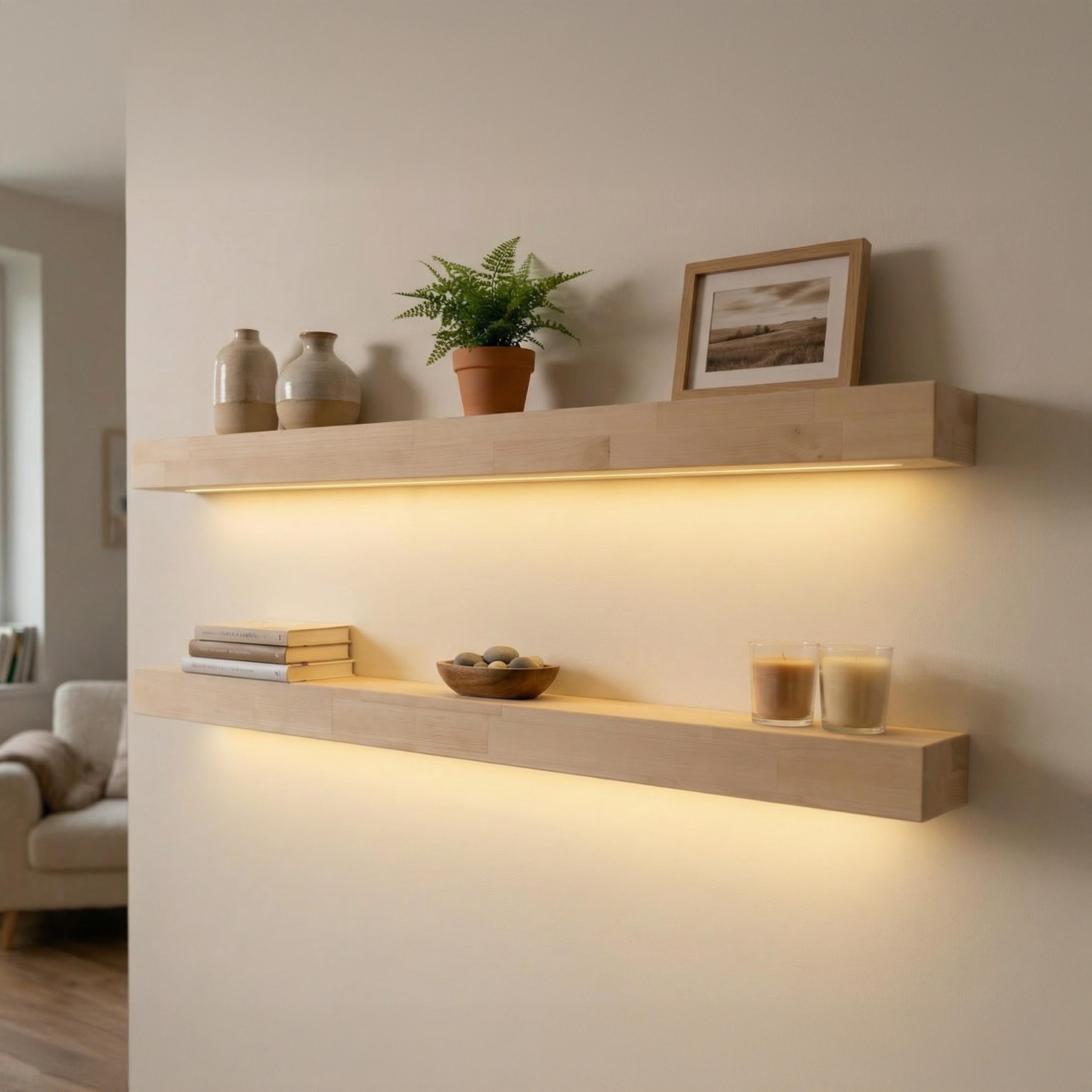 Natural Floating Shelf With LED Lights, Recessed LED Strip, Wood Shelf