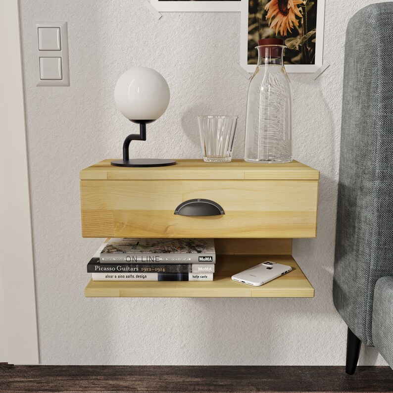 Natural Floating Nightstand Wall Mounted Nightstand With Etsy