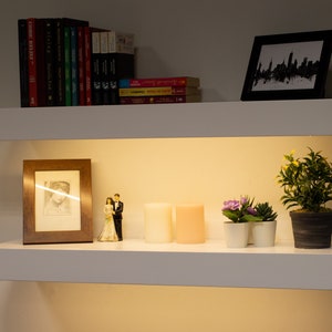 May include: Two white floating shelves with various decorative items. The top shelf holds books and a framed black and white cityscape print. The bottom shelf displays a framed photo, candles, small plants, and a wedding cake topper.