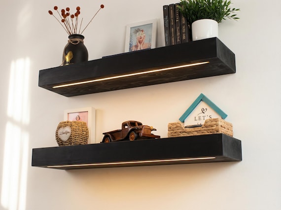 Modern Black Floating Shelf with LED Light, Thick Wall Shelf, Wooden Shelf, Heavy Duty Kitchen Shelf, Floating Shelf with 12V DC LED Light
