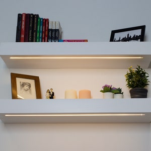 May include: Two white floating shelves with built-in lighting. The top shelf holds books and a framed cityscape. The bottom shelf displays a framed photo, candles, small plants, and a figurine set. The shelves are mounted on a white wall.