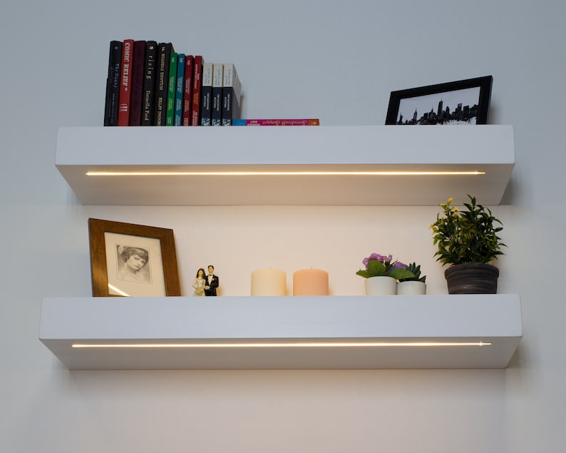Modern White Floating Shelf Thick Wall Shelves With Lights Etsy Ireland