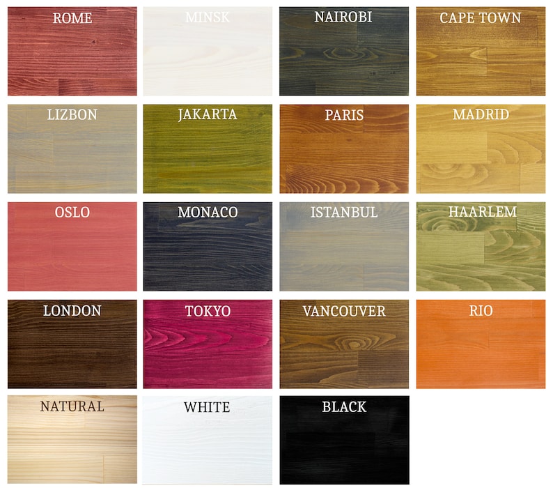 May include: A chart of 20 wood stain colors with the names of cities written above each color. The colors range from light to dark and include shades of red, brown, green, blue, and black.