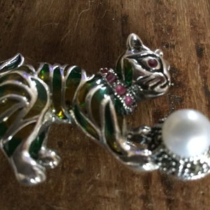 Sterling silver plique a jour cat brooch