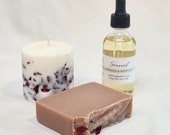 Romantic Evening Gift Set, Set the Mood, All Natural Soap, Massage Oil, Hand Poured Candle