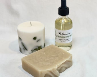 Relaxation Gift Set, All Natural Soap, Massage Oil, Hand Poured Candle, Couples Gifts, Spa Sets